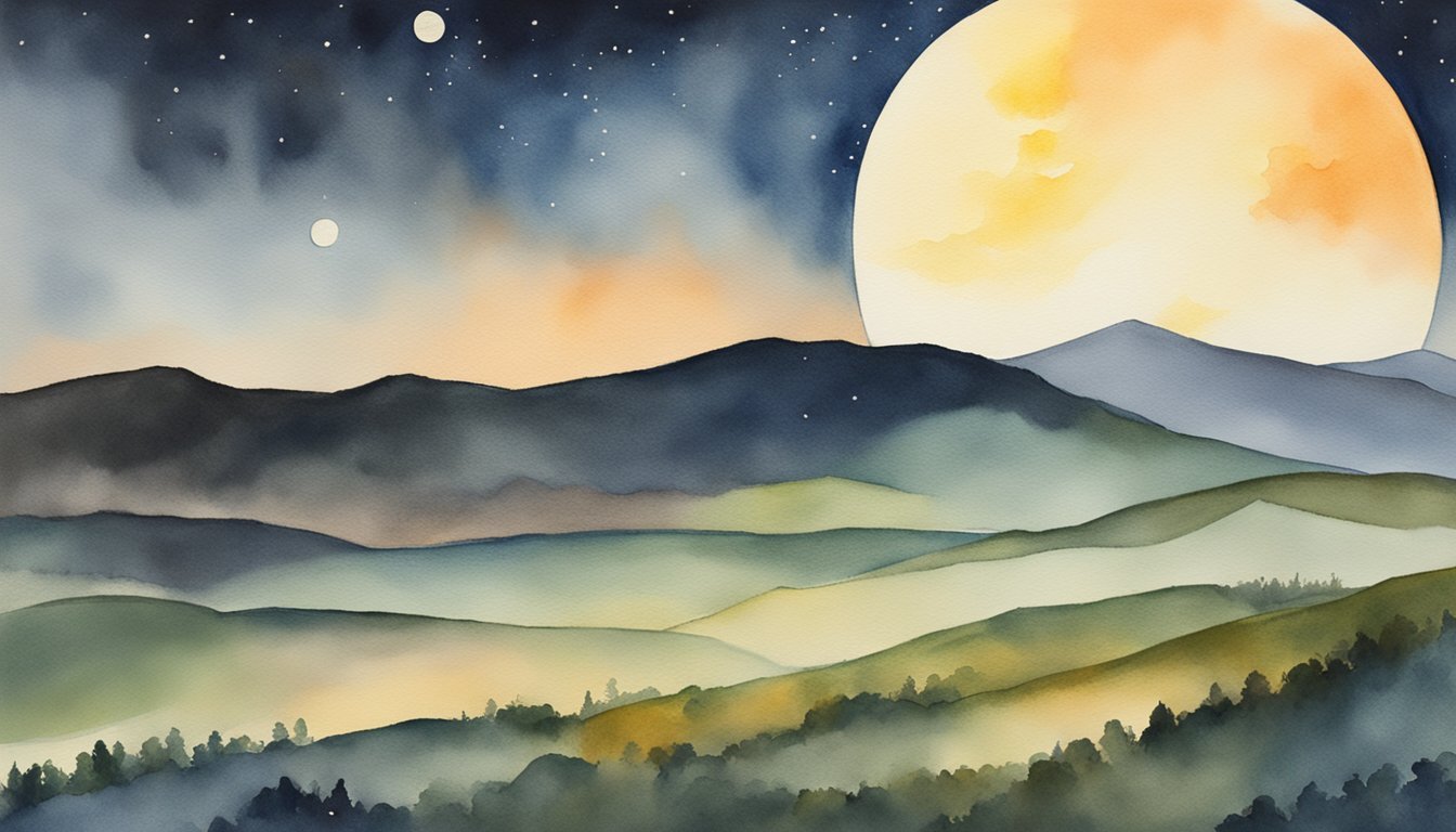 Watercolor painting of moonlit mountain landscape at night.