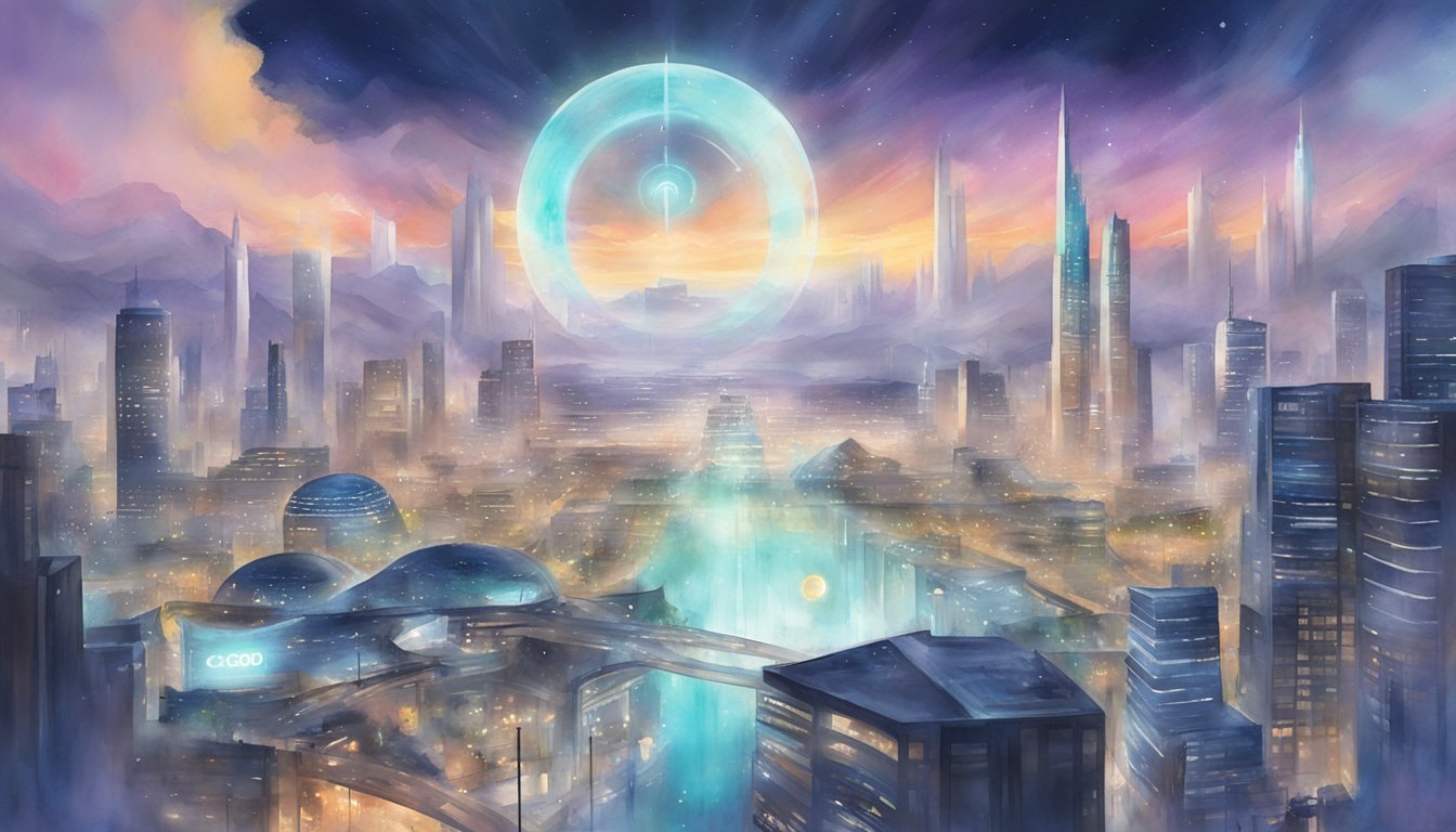 Futuristic cityscape with glowing portal and skyscrapers.