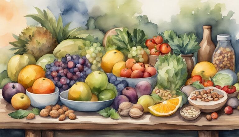 Colorful watercolor still life of various fruits and vegetables