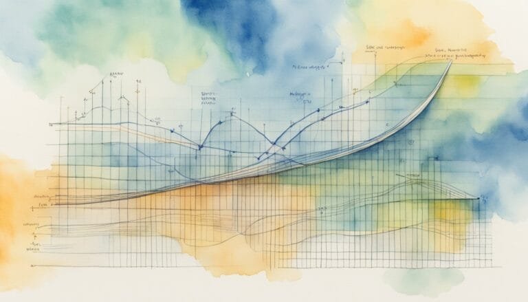 Watercolor artwork of mathematical graphs and equations.