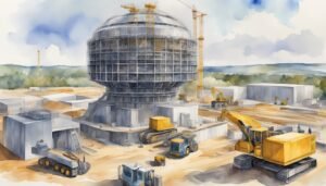 Watercolor of industrial construction site with spherical building.