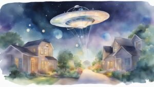 Watercolor illustration of UFO above suburban houses at night.