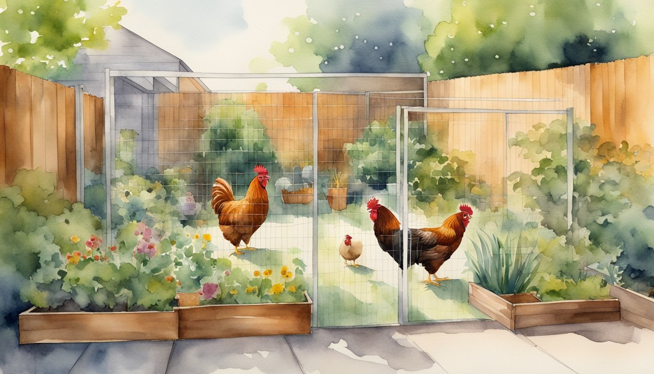 Watercolor painting of chickens in a garden enclosure.