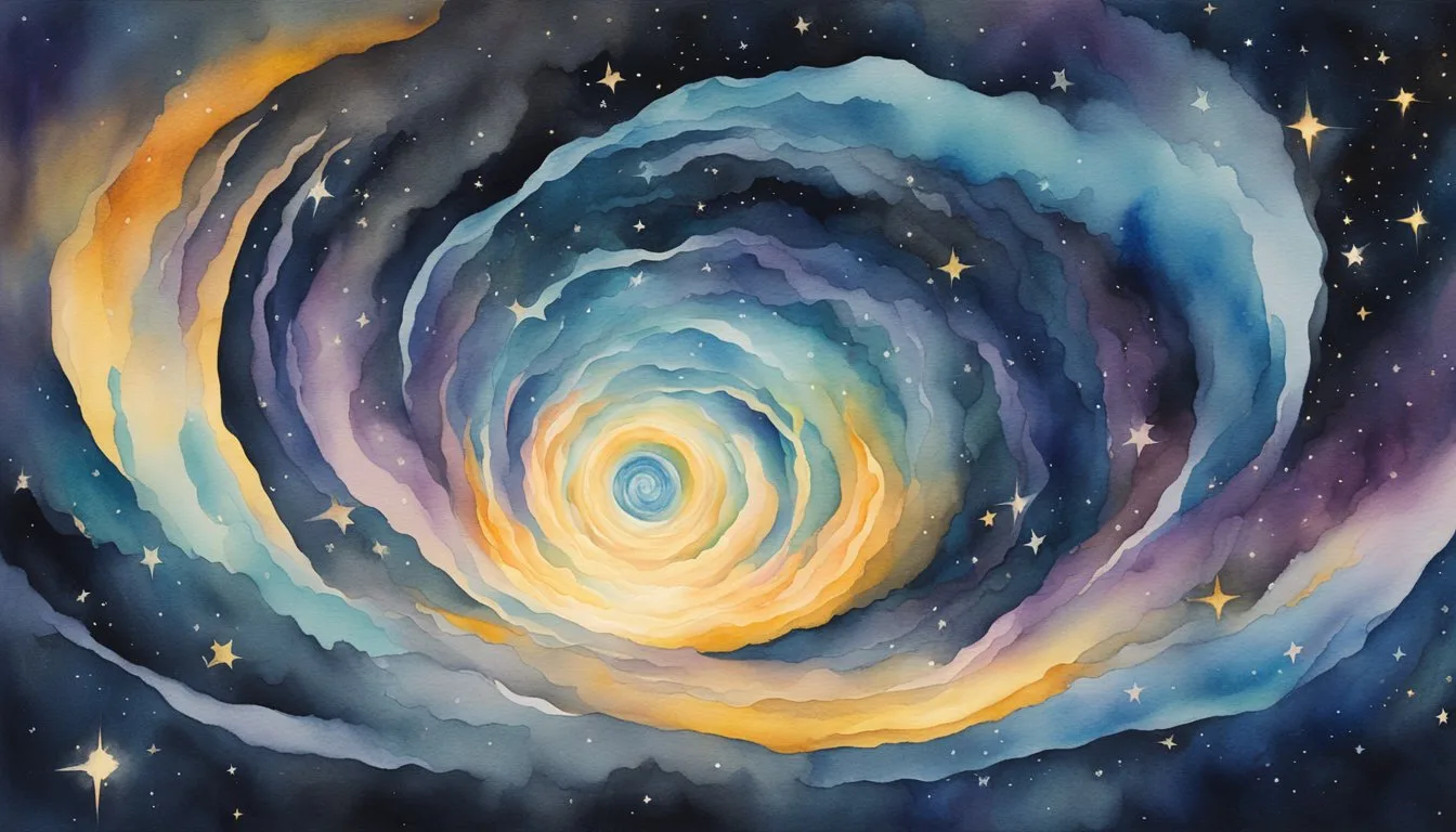 Colorful watercolor galaxy swirl with stars.