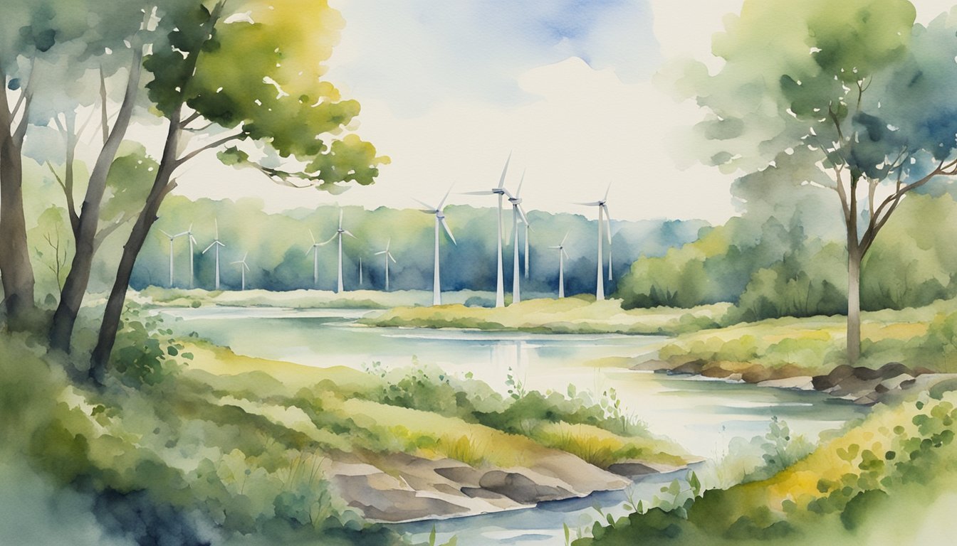 Watercolor landscape of wind turbines by a lake.