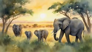 Elephants in sunset-lit savanna watercolor painting.