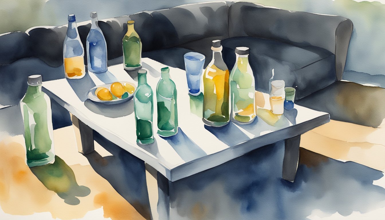 Watercolor painting of bottles on a coffee table.