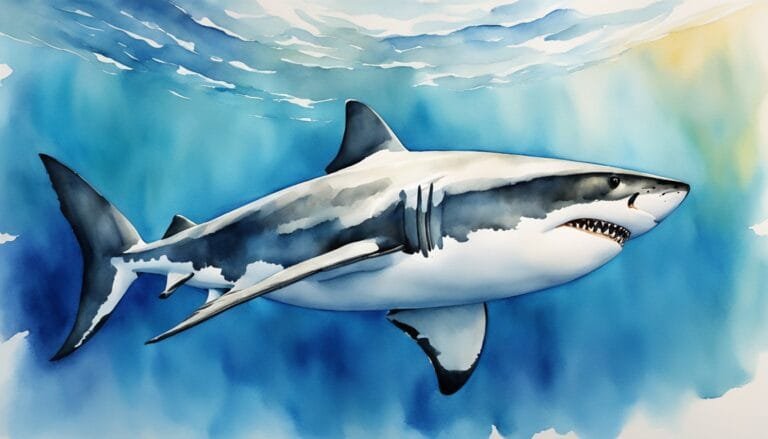 Watercolor illustration of a great white shark swimming.