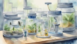 Watercolor of insects in glass terrariums on a table.