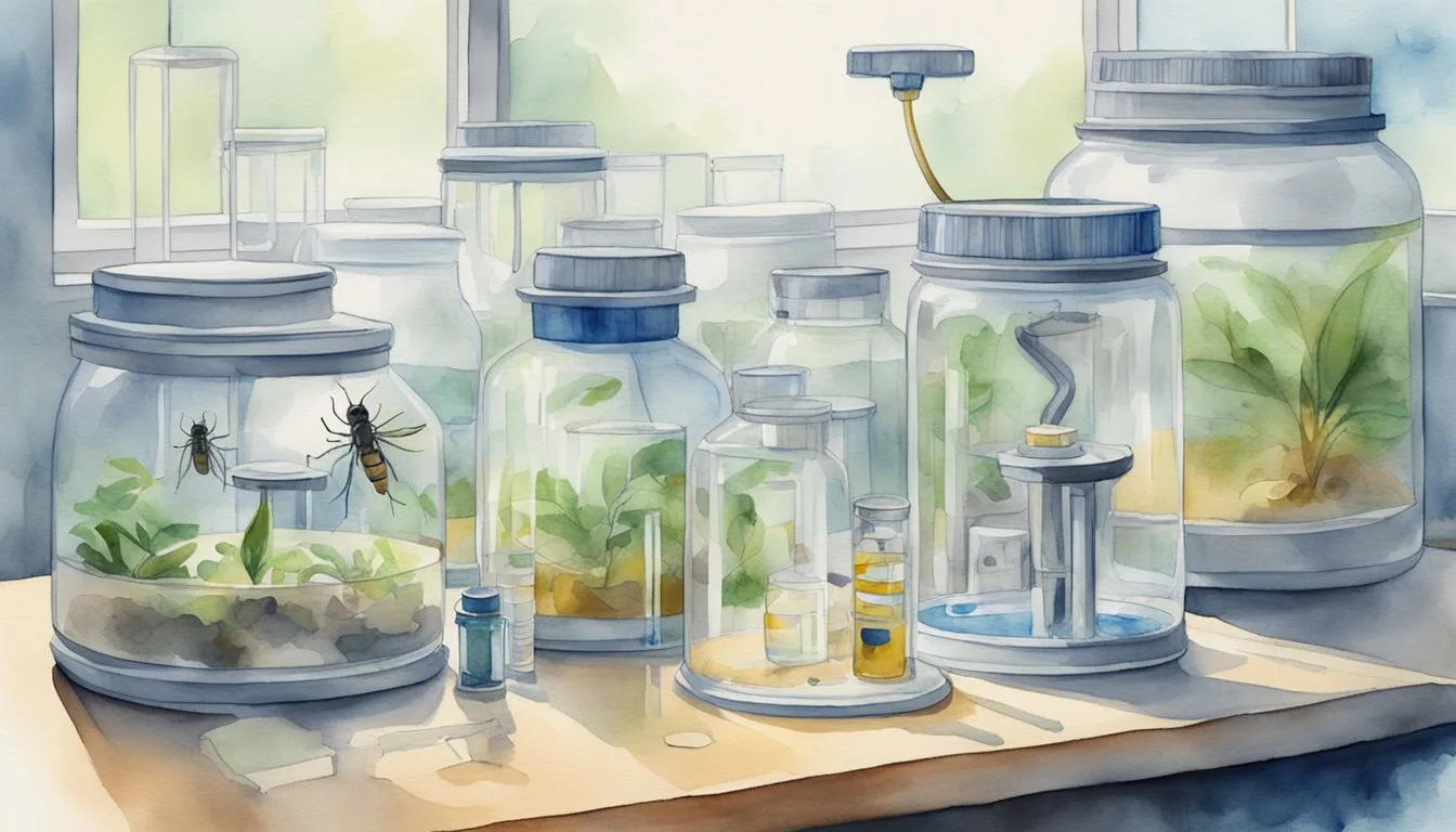 Watercolor of insects in glass terrariums on a table.