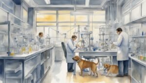 Scientists working in a busy laboratory with dogs.