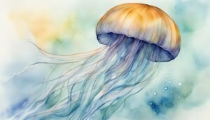 Watercolor jellyfish illustration in a blue gradient.