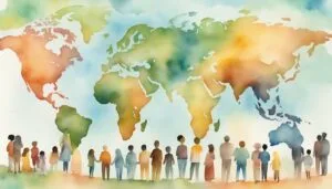 People silhouetted against watercolor world map.