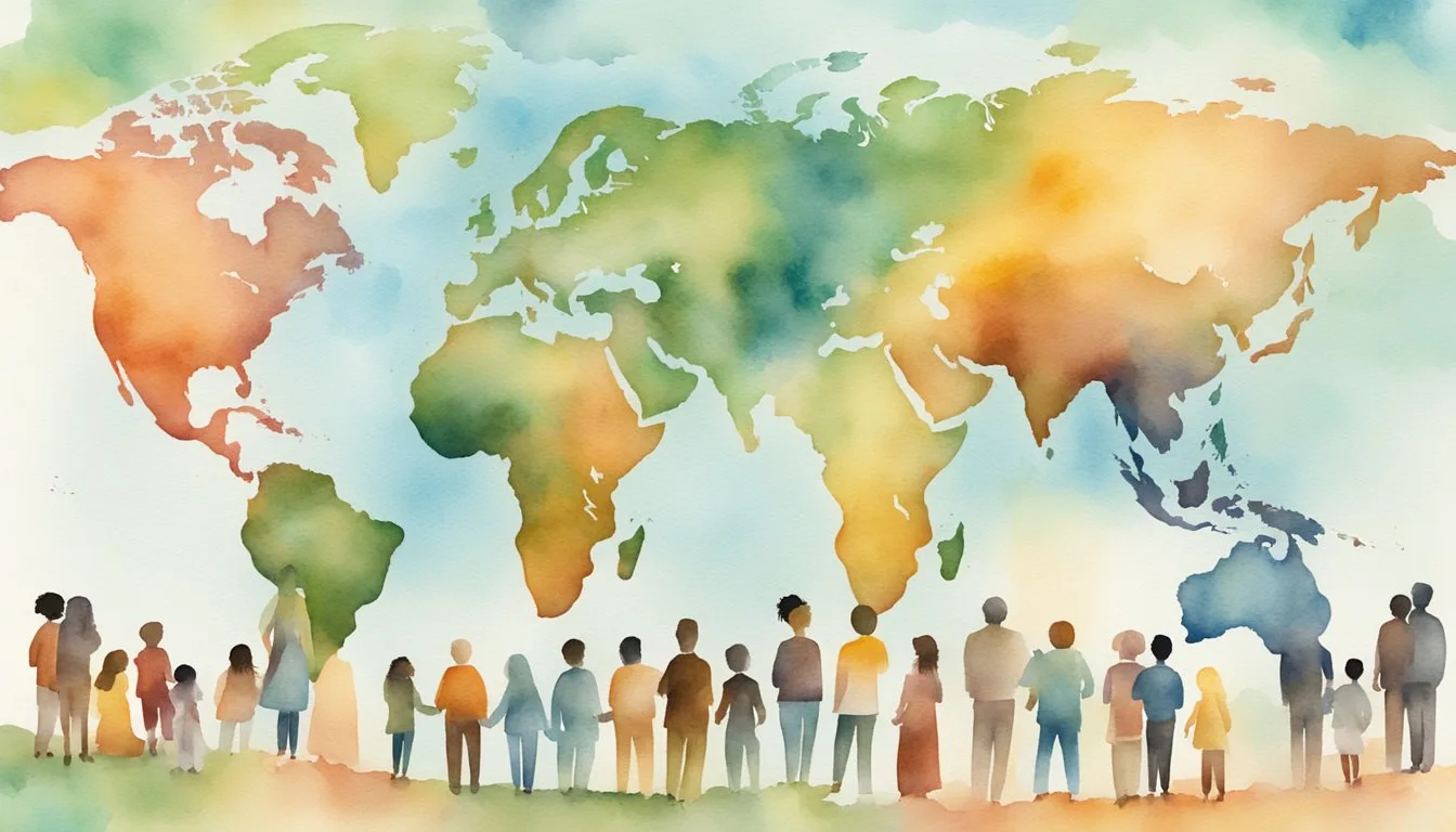People silhouetted against watercolor world map.