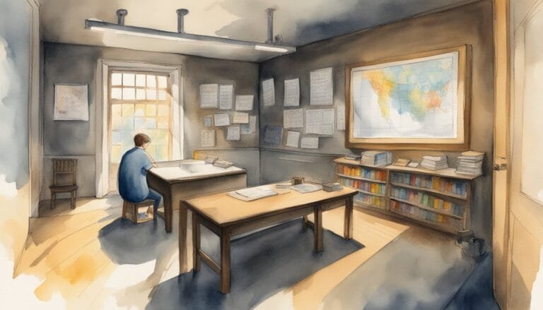 Person studying in sunlit home office with map.