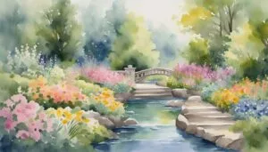 Watercolor garden bridge with blooming flowers.