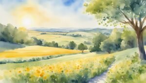 Sunny watercolor landscape with meadow, trees, and path.