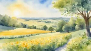 Sunny watercolor landscape with meadow, trees, and path.
