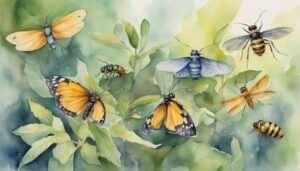 Watercolor painting of various insects and butterflies.