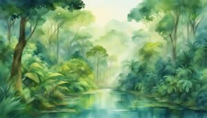 Misty tropical rainforest watercolor landscape.