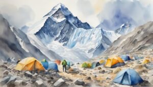 Mountain base camp with colorful tents and glacier.