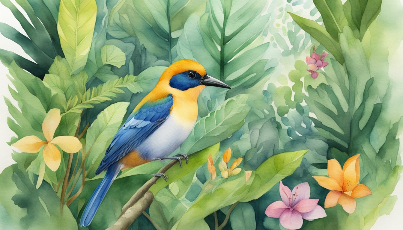 Colorful bird amid lush green foliage watercolor painting