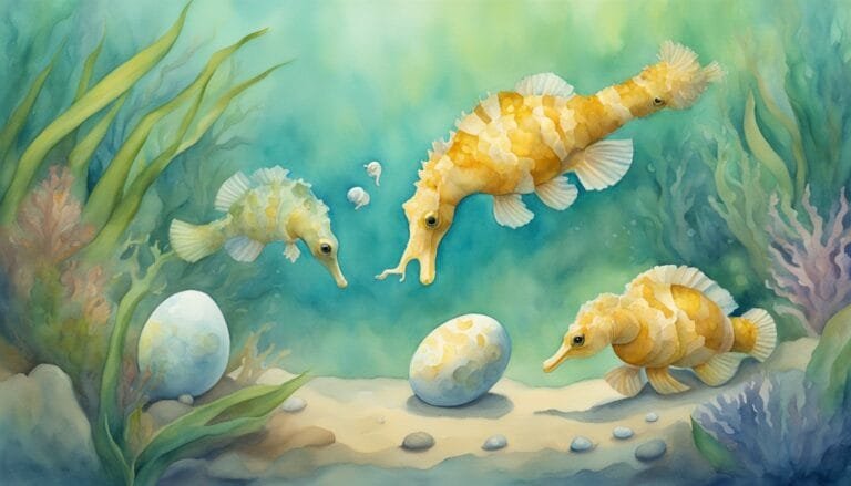 Colorful seahorses swimming near coral reef painting