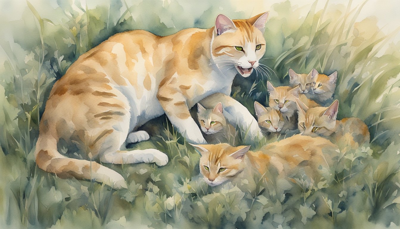 Mother cat with kittens in grass, watercolor illustration.