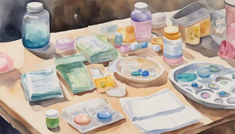 Assorted watercolor-painted medication and supplement containers.