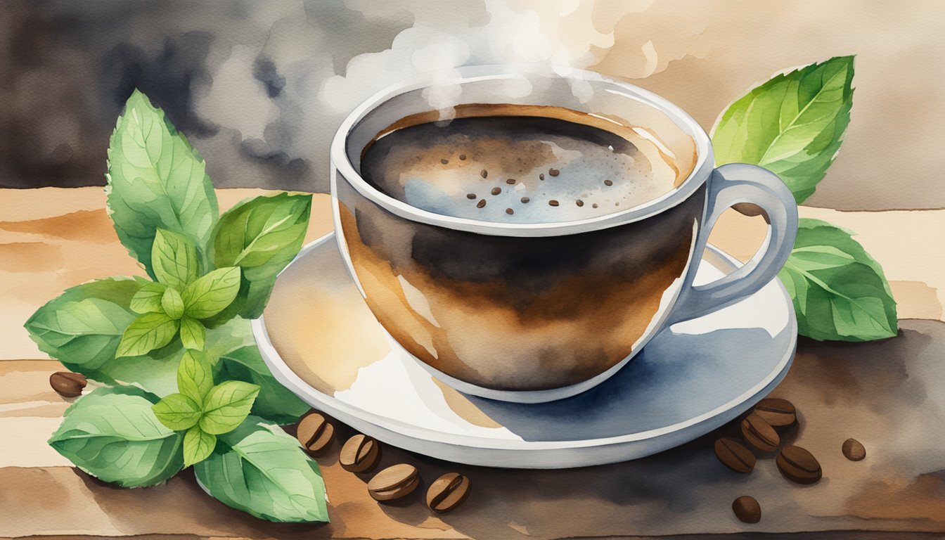 Steaming coffee cup with beans and leaves, watercolor painting.