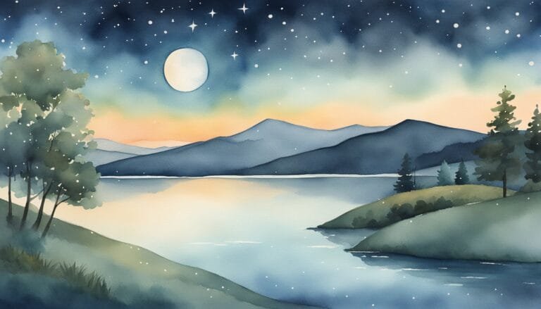 Watercolor night landscape with moon over mountains and lake.