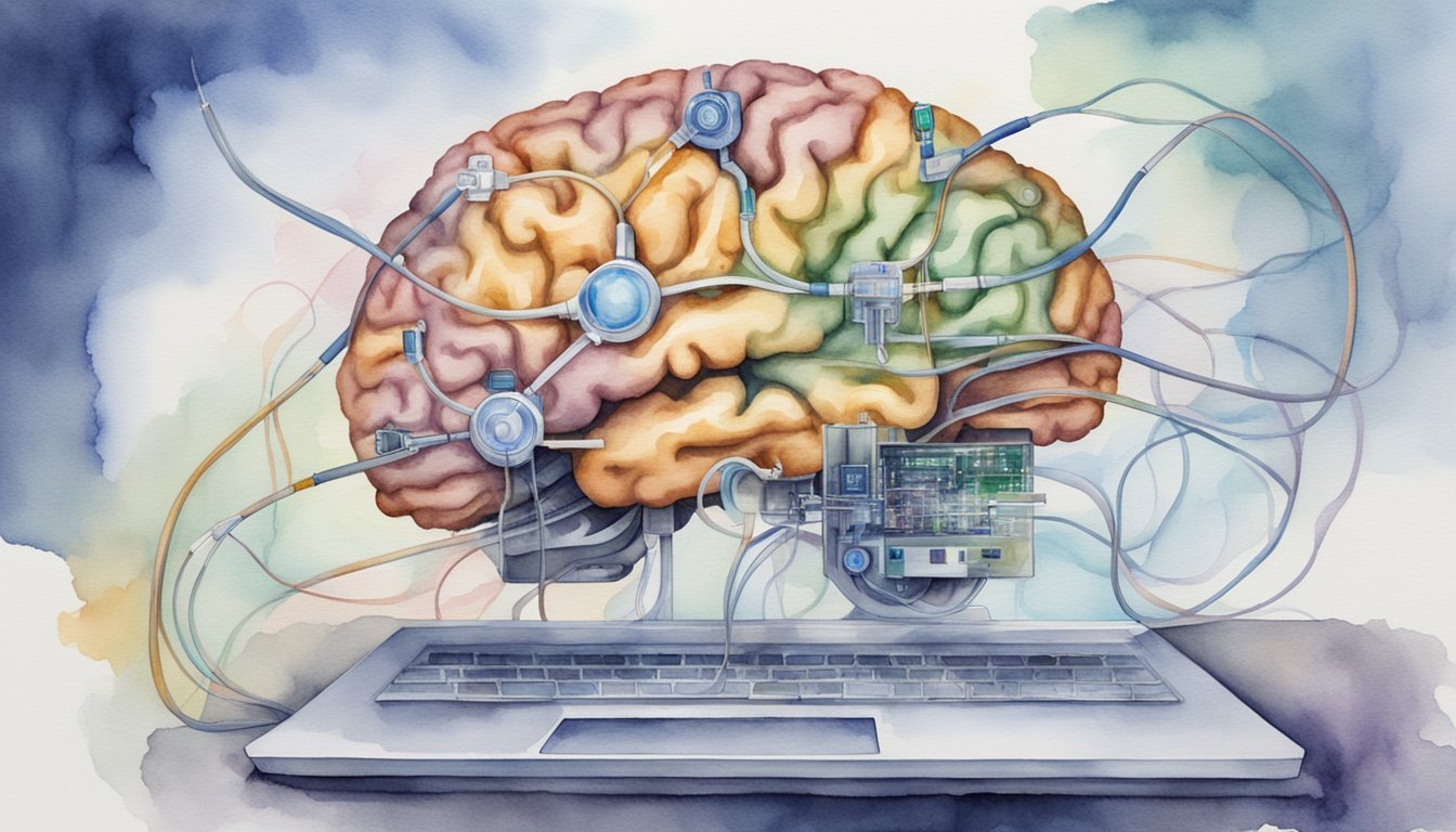 Illustration of brain connected to technology and wires.