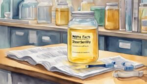 Watercolor of laboratory with jar labeled "SteerSerilly" and books.