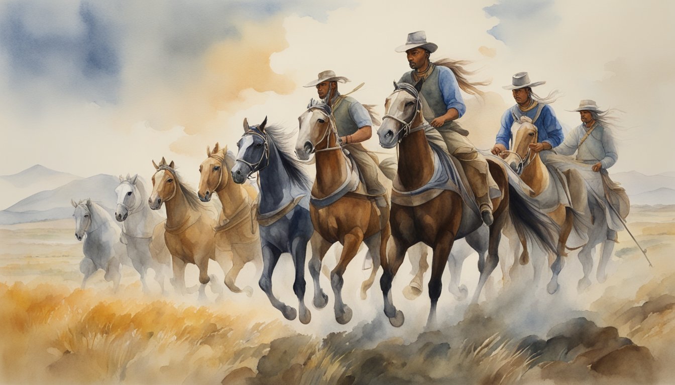 Cowboys riding horses across the plains.