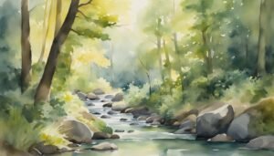 Tranquil forest watercolor with stream and lush trees.