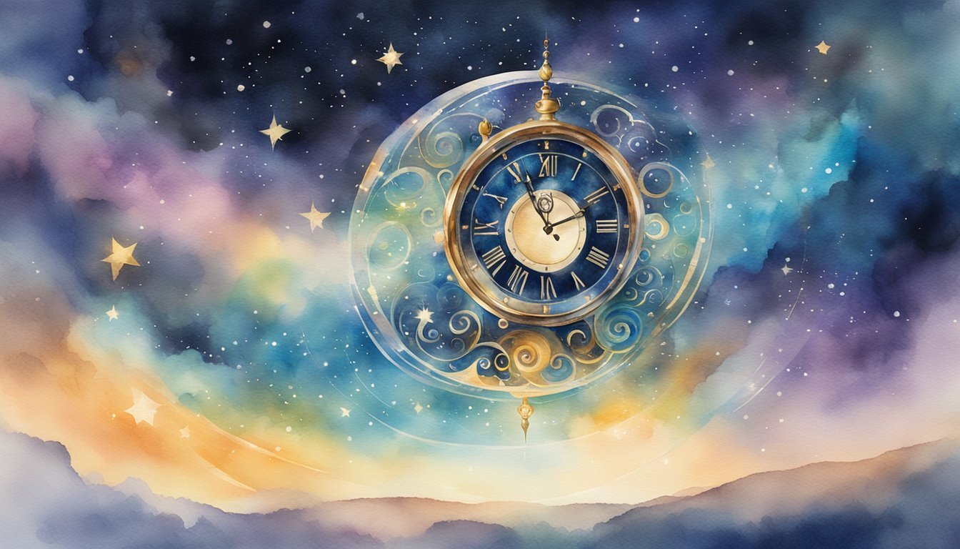 Starry sky with vintage floating pocket watch, watercolor illustration.