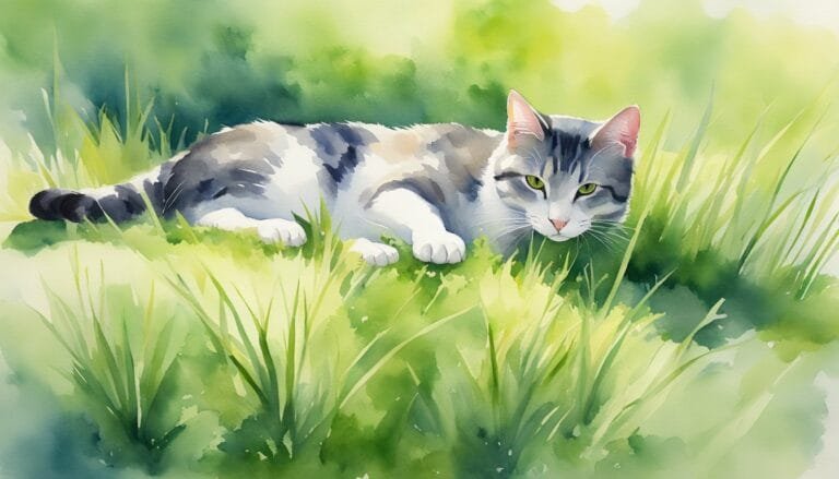 Watercolor painting of a lounging cat in grass.