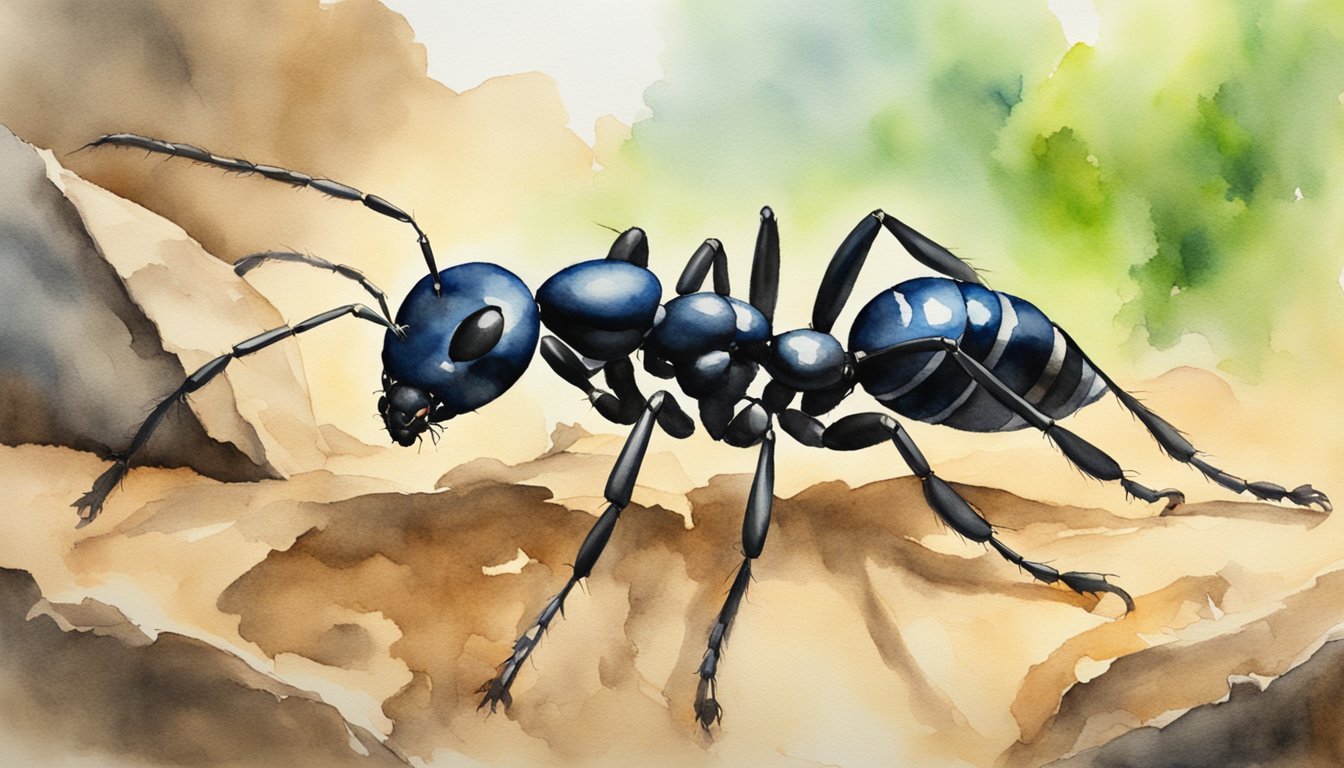 Watercolor illustration of an ant on earthy terrain.