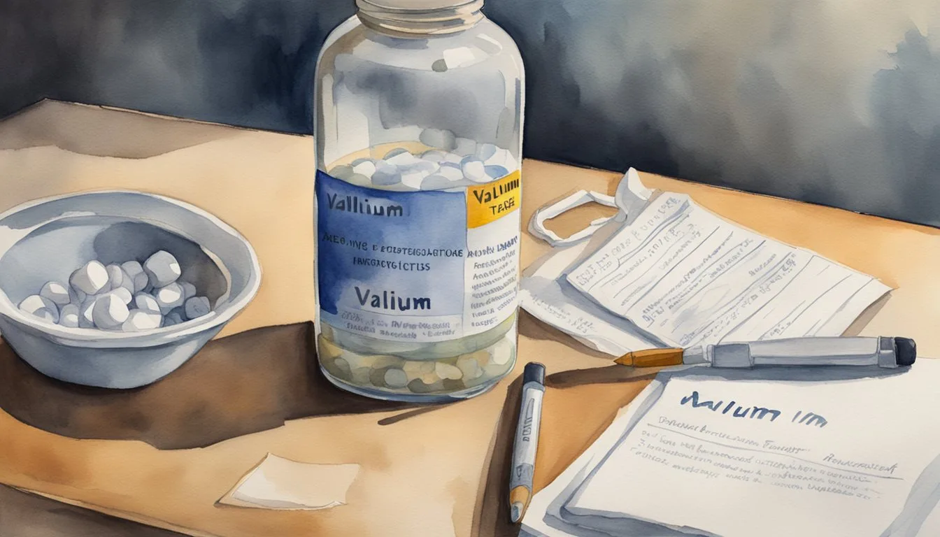 Watercolor of medication bottle with pills and prescription.