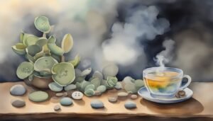 Watercolor of succulents and steaming tea cup.