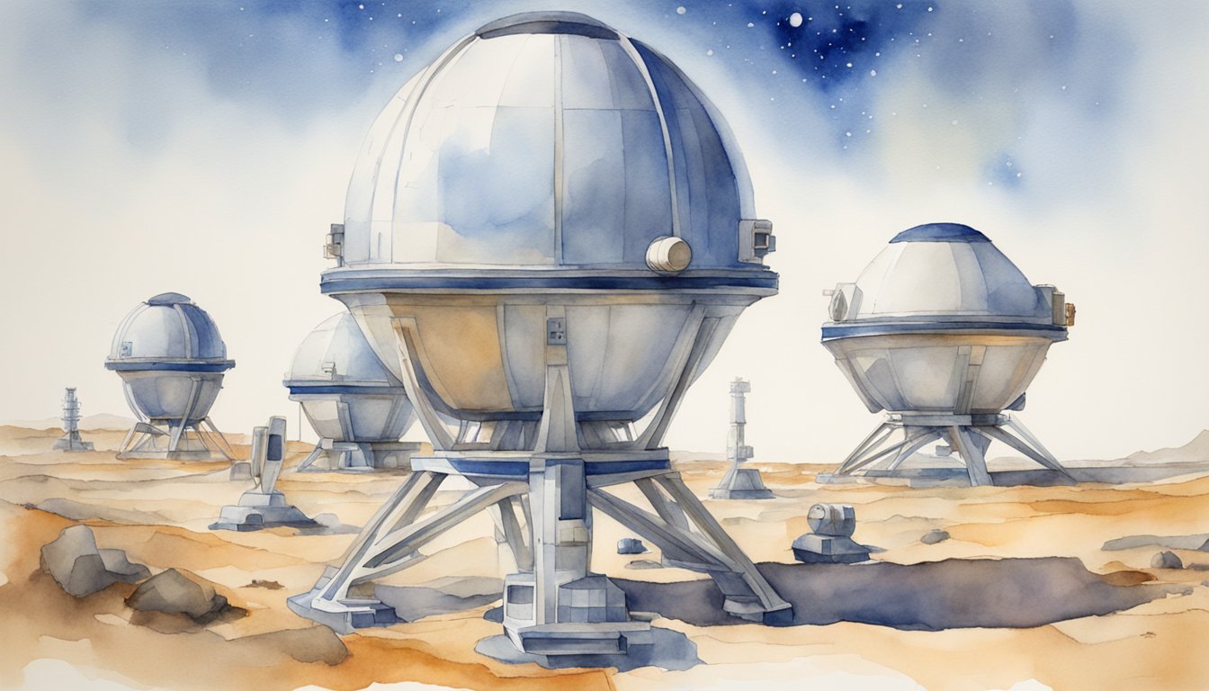 Illustration of futuristic observatories on a desert planet.