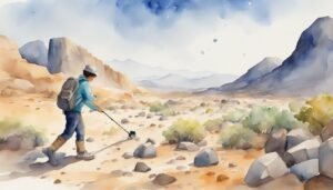 Person with metal detector in desert landscape watercolor.