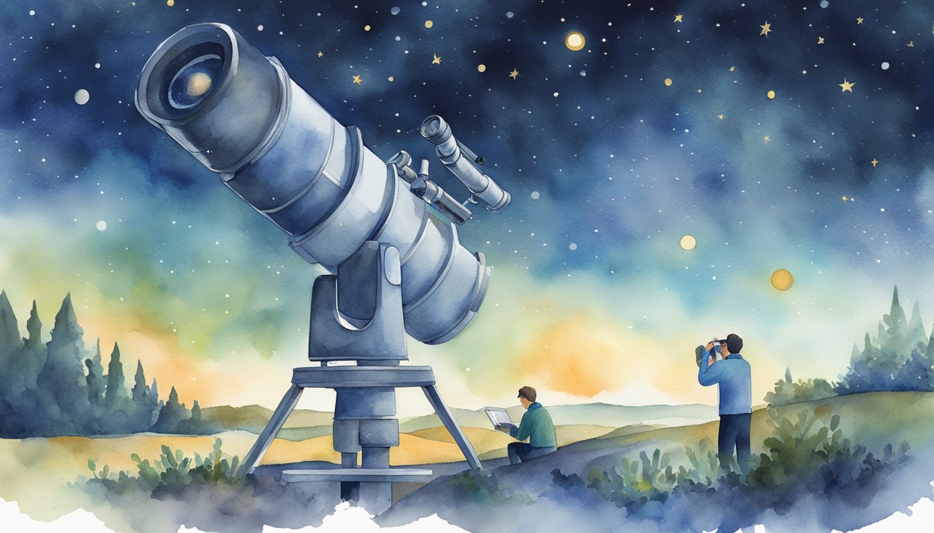 Watercolor of stargazing with a telescope and binoculars.