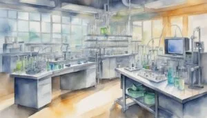 Watercolor illustration of a well-equipped scientific laboratory.