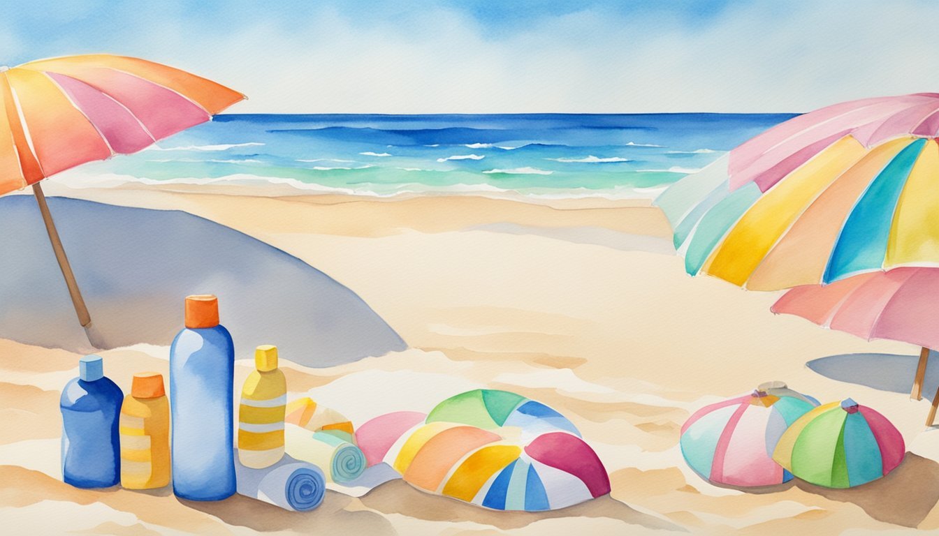 Colorful beach scene with umbrellas and sunscreen bottles.