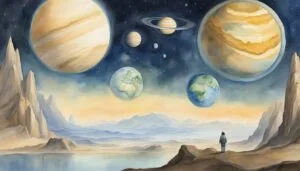 Person observing planets from alien landscape painting.