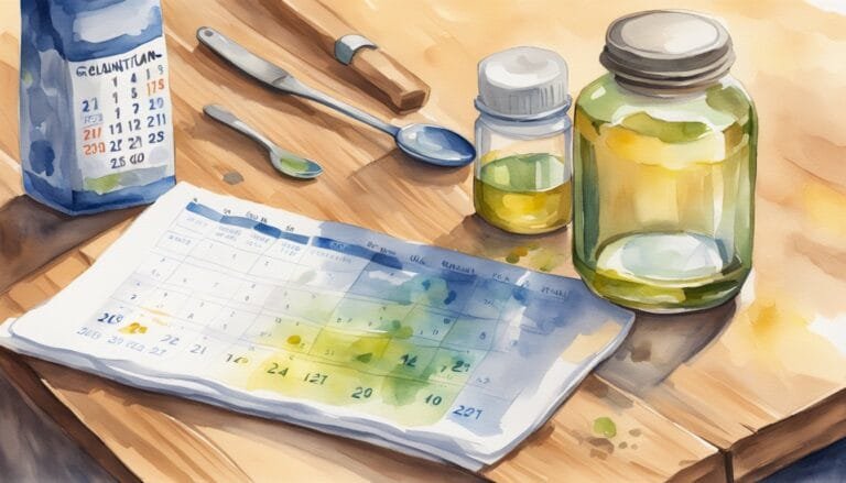 Watercolor of medication, calendar, and spoon on table.