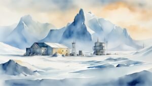 Watercolor of a snowy mountain research station.