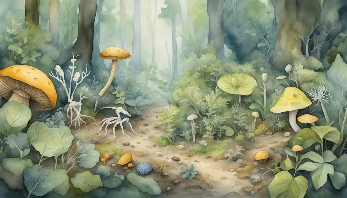 Enchanted forest watercolor with mushrooms and misty trees.