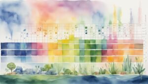 Colorful watercolor infographic with landscape and graph elements.